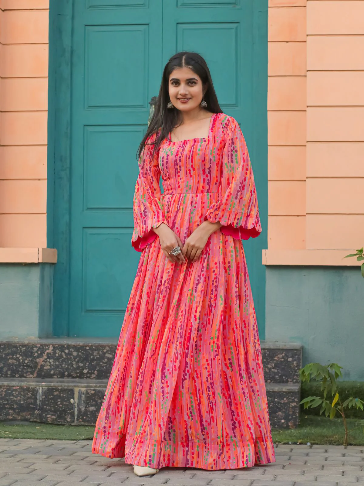 Odette Peach Chiffon Stitched Printed Indo Western Dress For Women - Image 2
