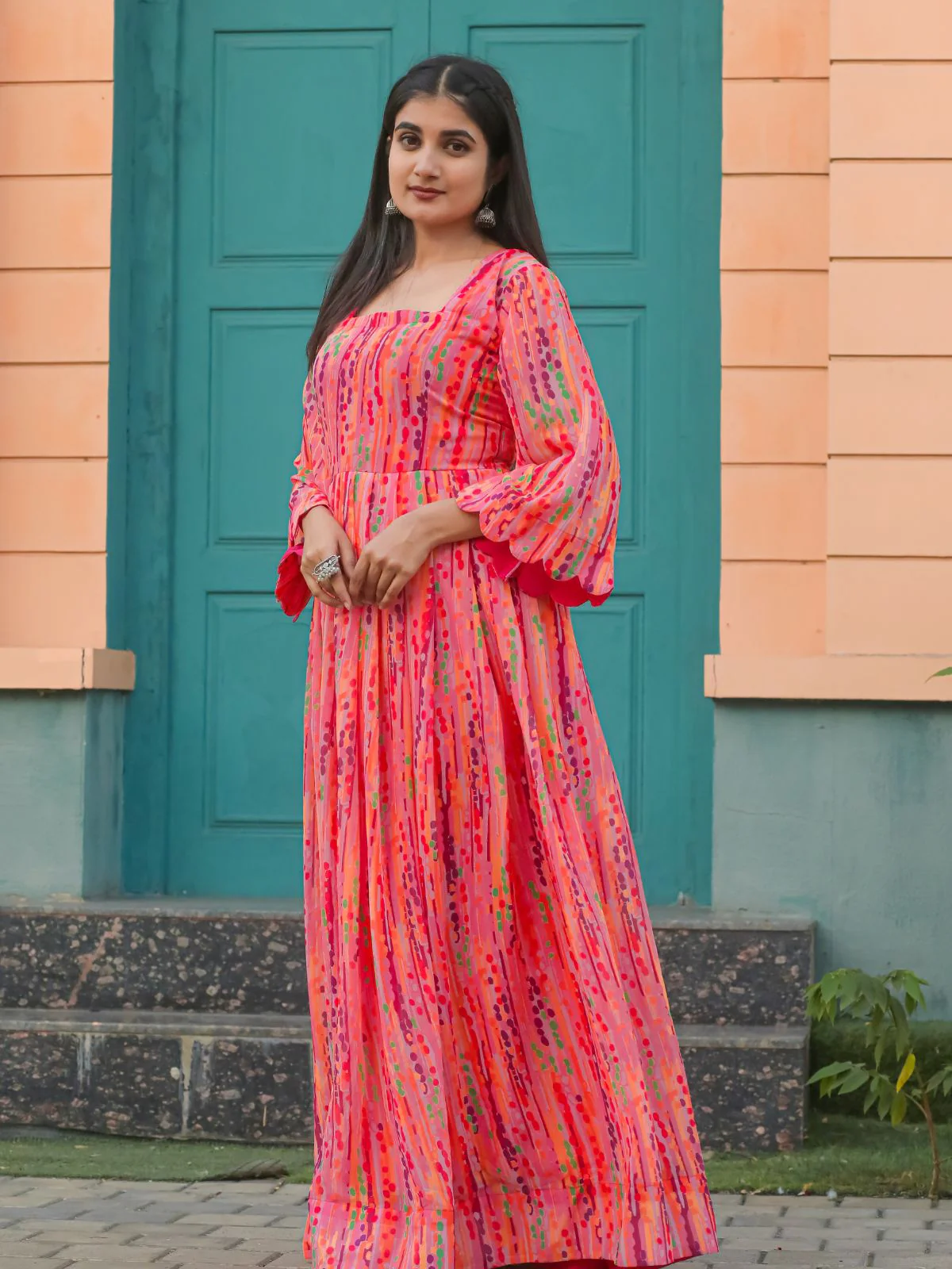 Odette Peach Chiffon Stitched Printed Indo Western Dress For Women - Image 3