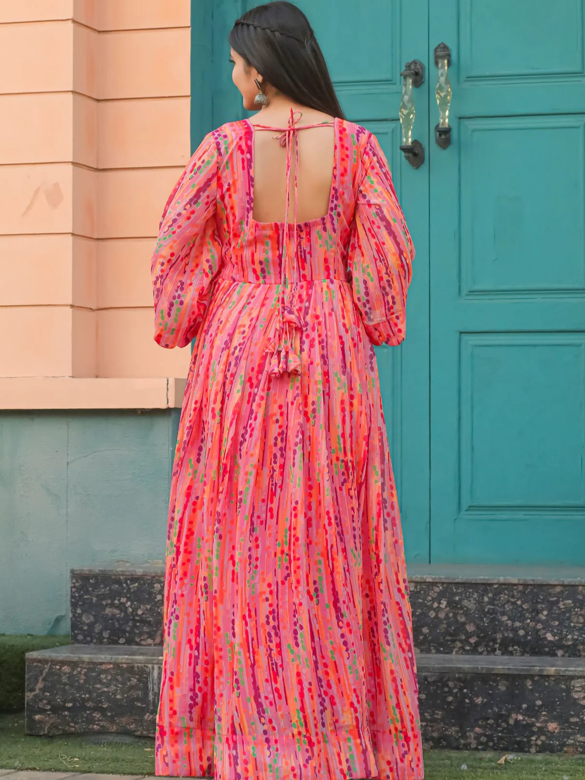 Odette Peach Chiffon Stitched Printed Indo Western Dress For Women - Image 4