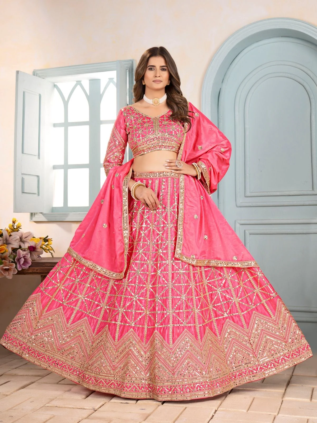 Odette Peach Chinon Embellished Semi Stitched Lehenga For Women - Image 2