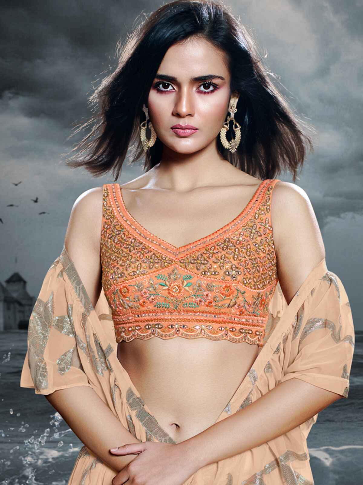 Odette Peach Chinon Embellished Semi Stitched Lehenga With Unstitched Blouse For Women - Image 2