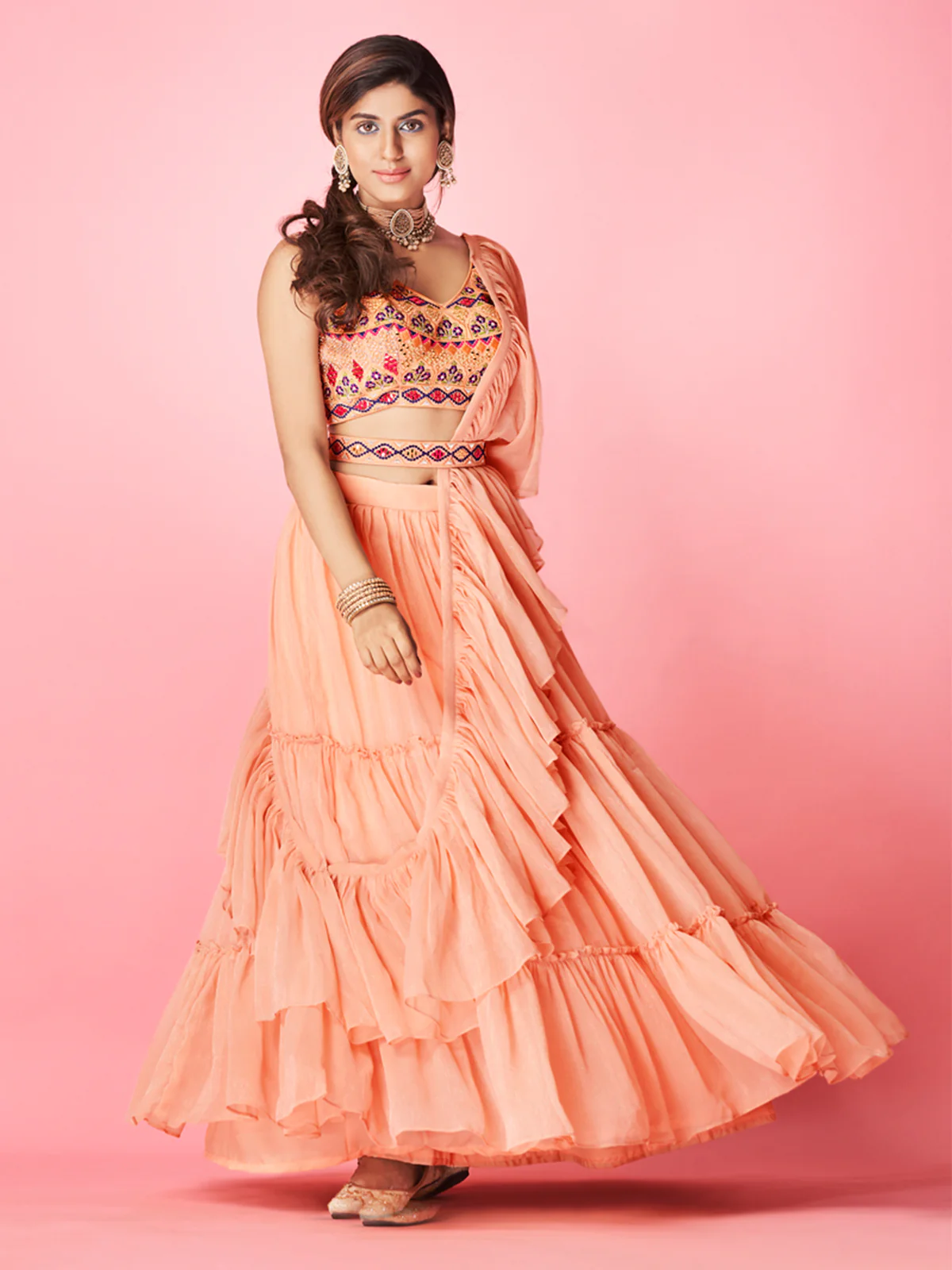 Odette Peach Chiffon Embellished Semi Stitched Lehenga With Unstitched Blouse For Women - Image 2