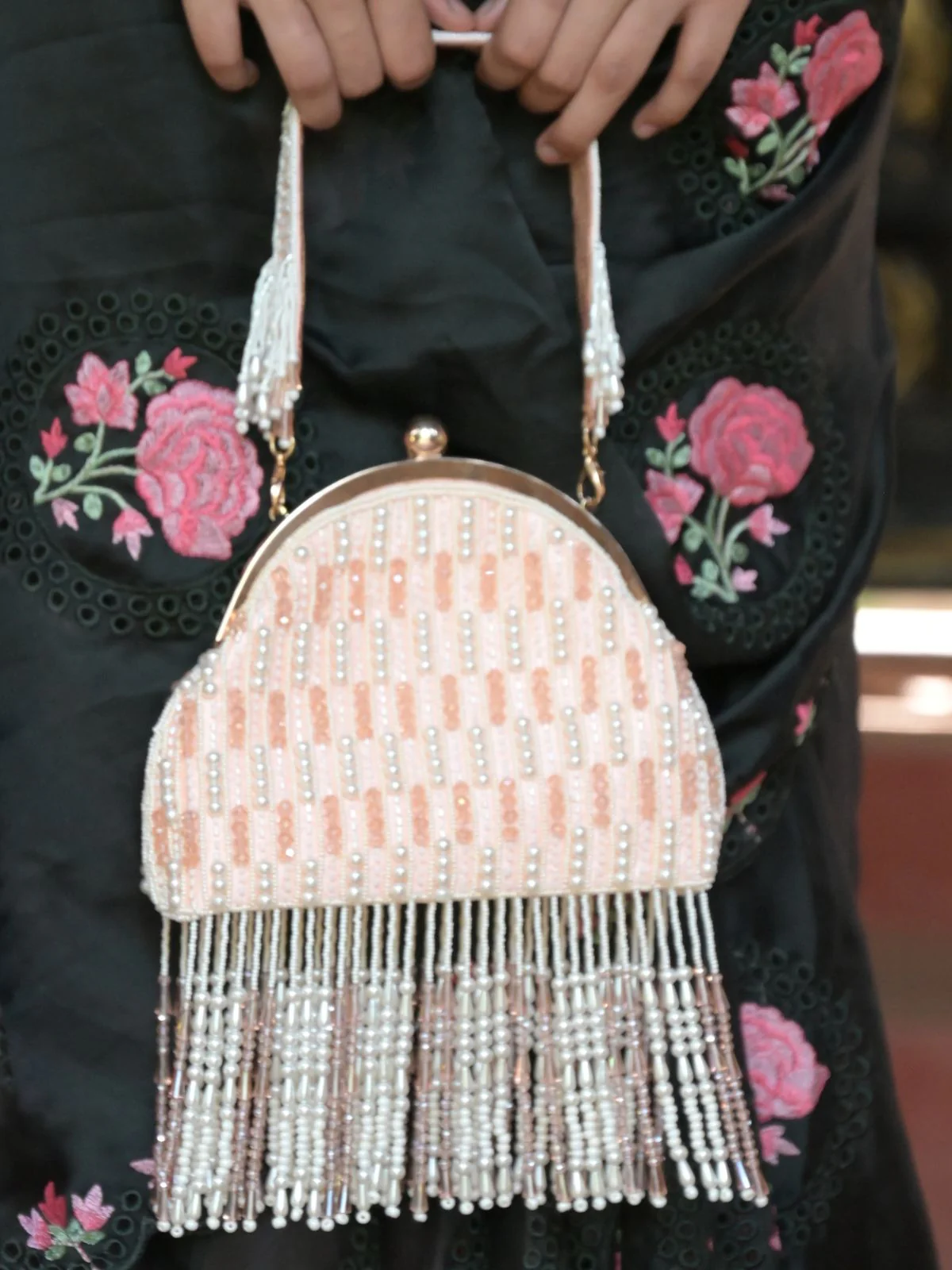 Odette Peach Clutch Bag With Tasseles For Women - Image 2