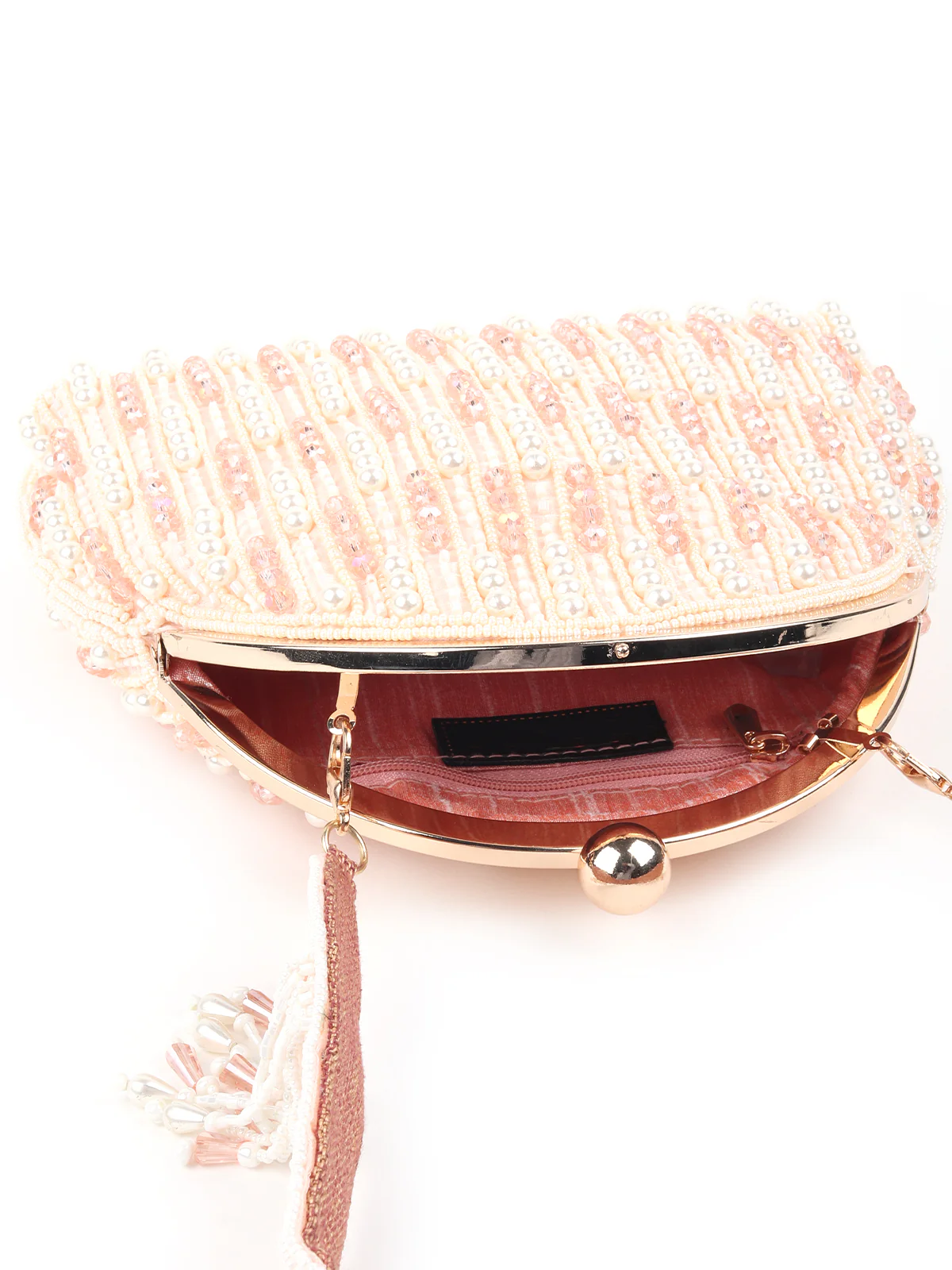 Odette Peach Clutch Bag With Tasseles For Women - Image 5