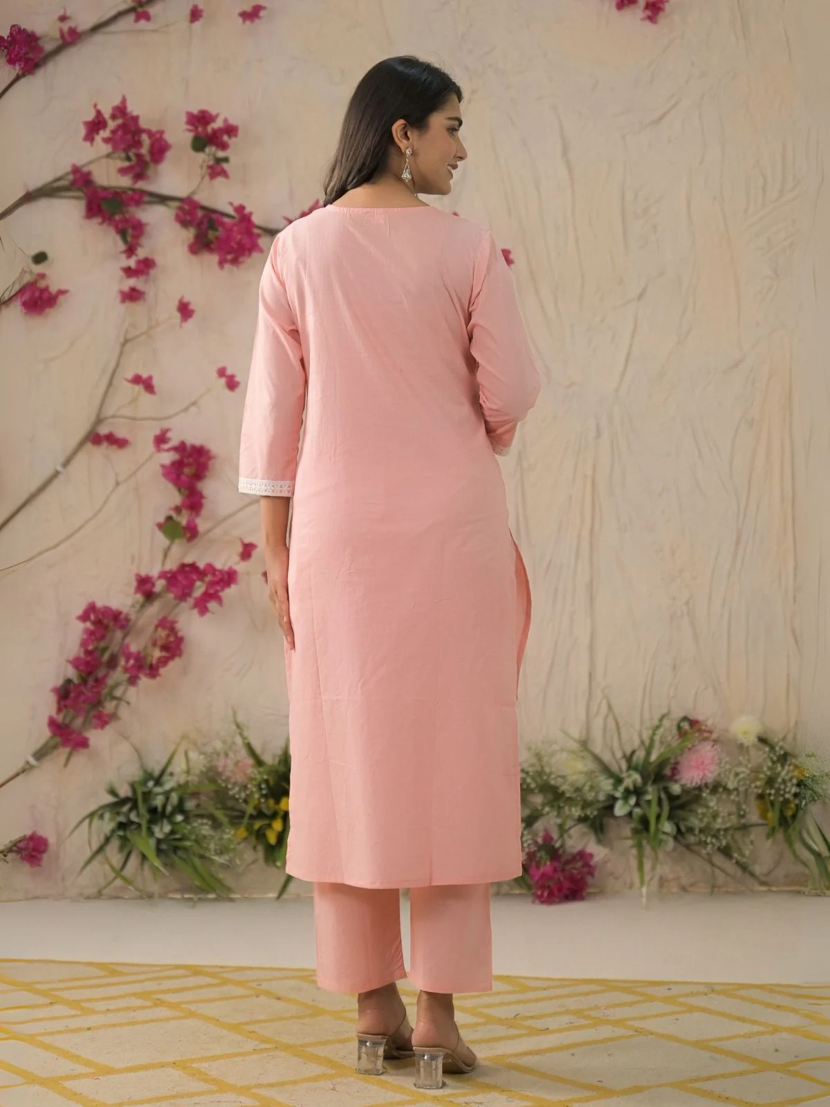 Odette Peach Cotton Blend Embroidered Stitched Kurta Set For Women - Image 4