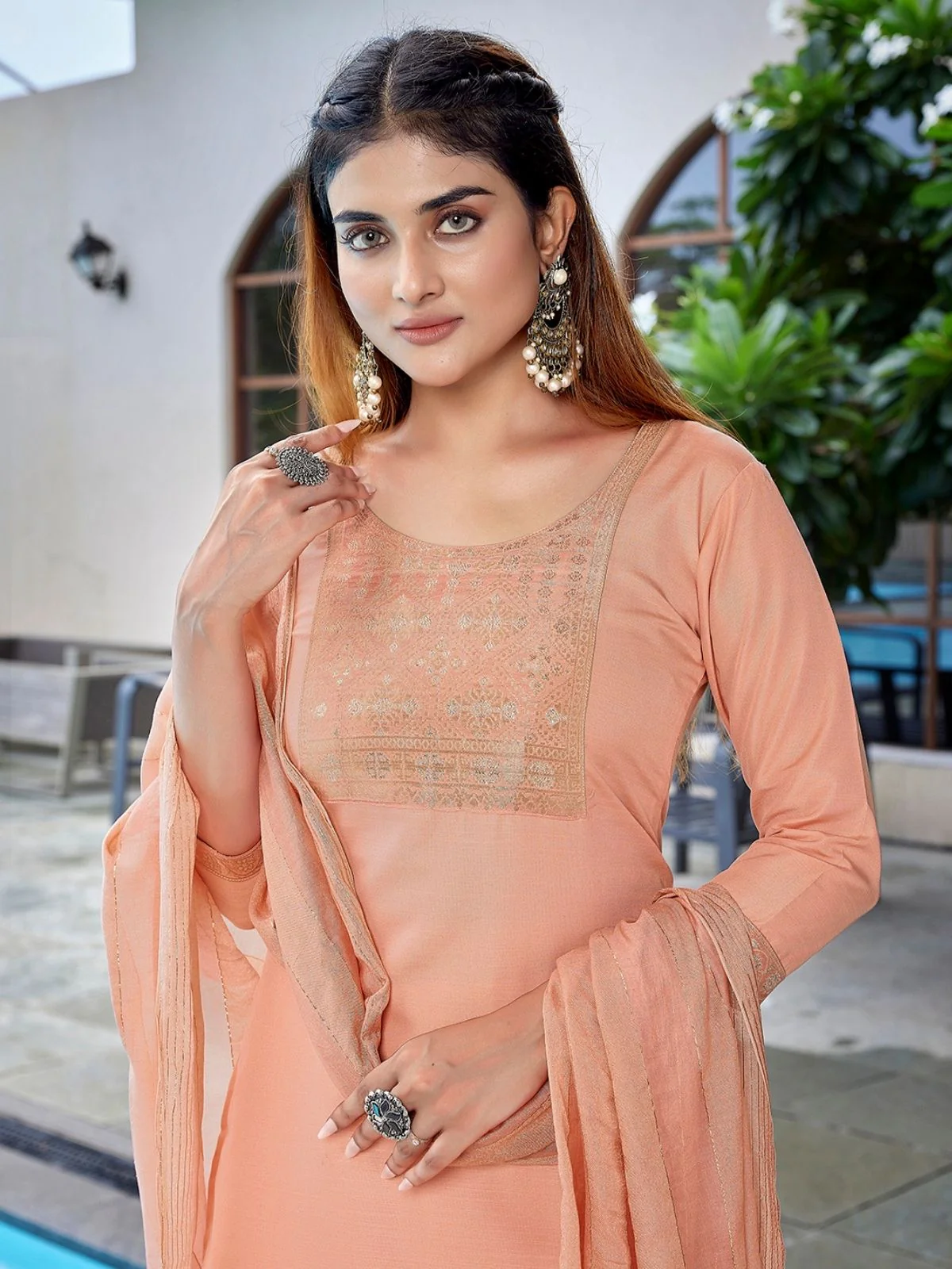 Odette Peach Cotton Blend Solid Stiched Kurta Set For Women - Image 5