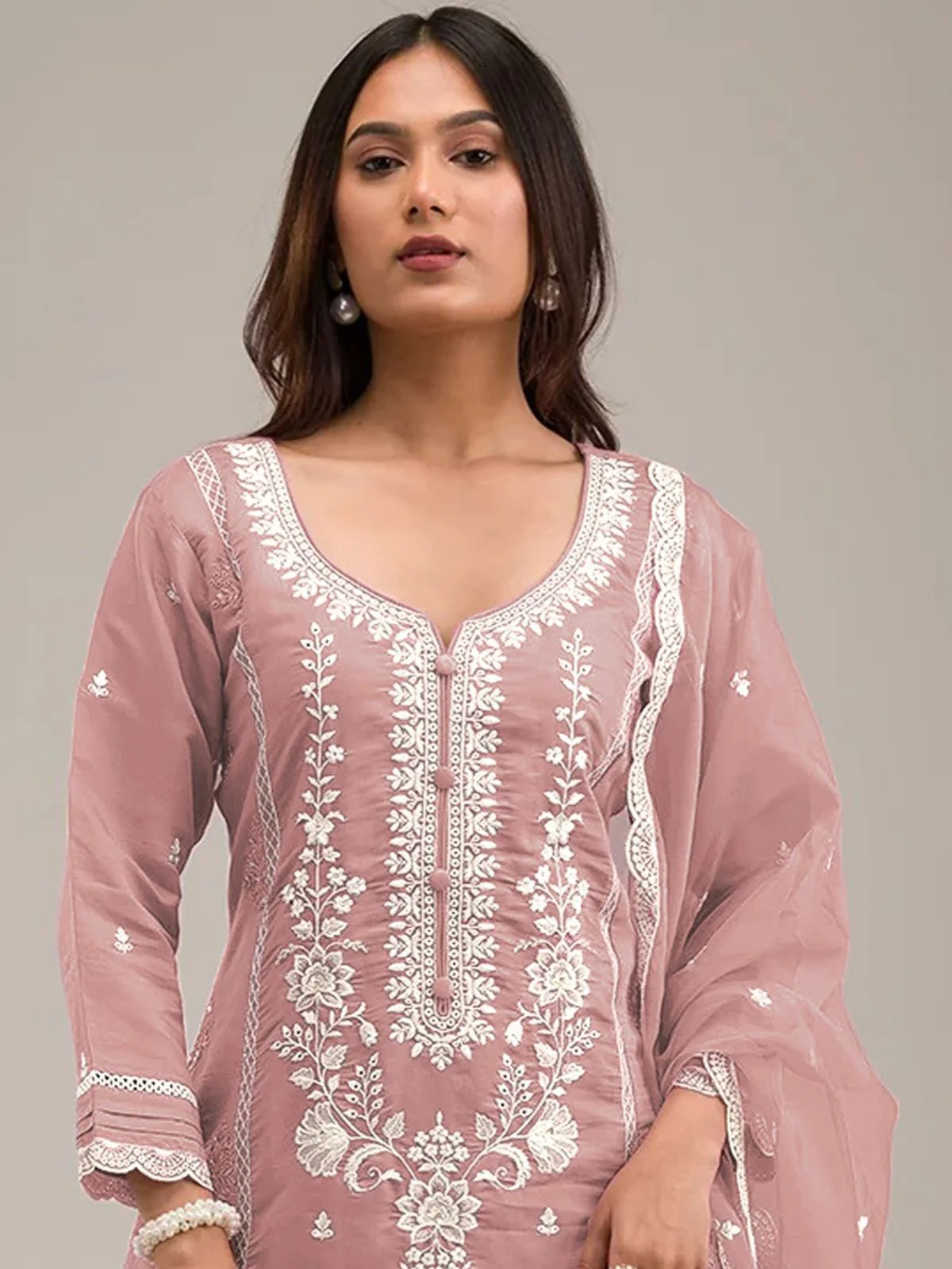 Odette Peach Cotton Blend Embroidered Semi-Stitched Kurta Set For Women - Image 2