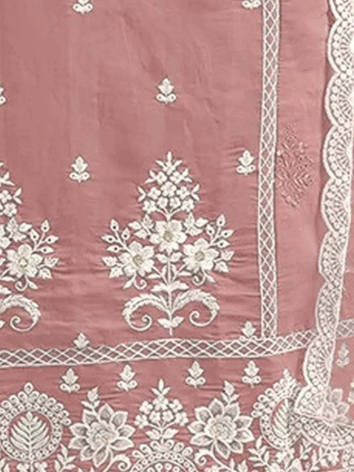 Odette Peach Cotton Blend Embroidered Semi-Stitched Kurta Set For Women - Image 3