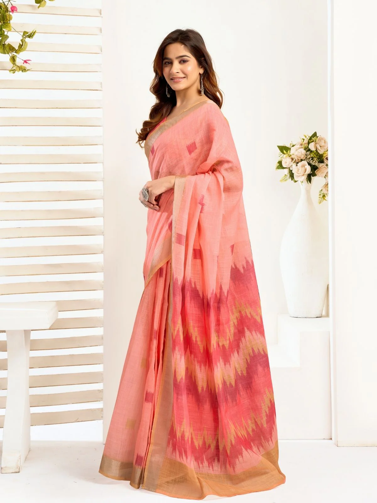 Odette Peach Cotton Linen Zari Work Saree For Women - Image 2