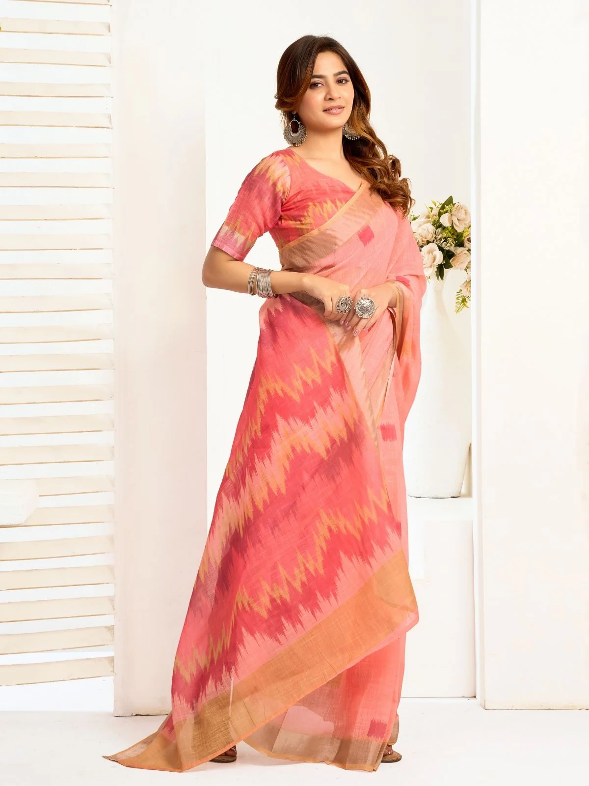 Odette Peach Cotton Linen Zari Work Saree For Women - Image 3