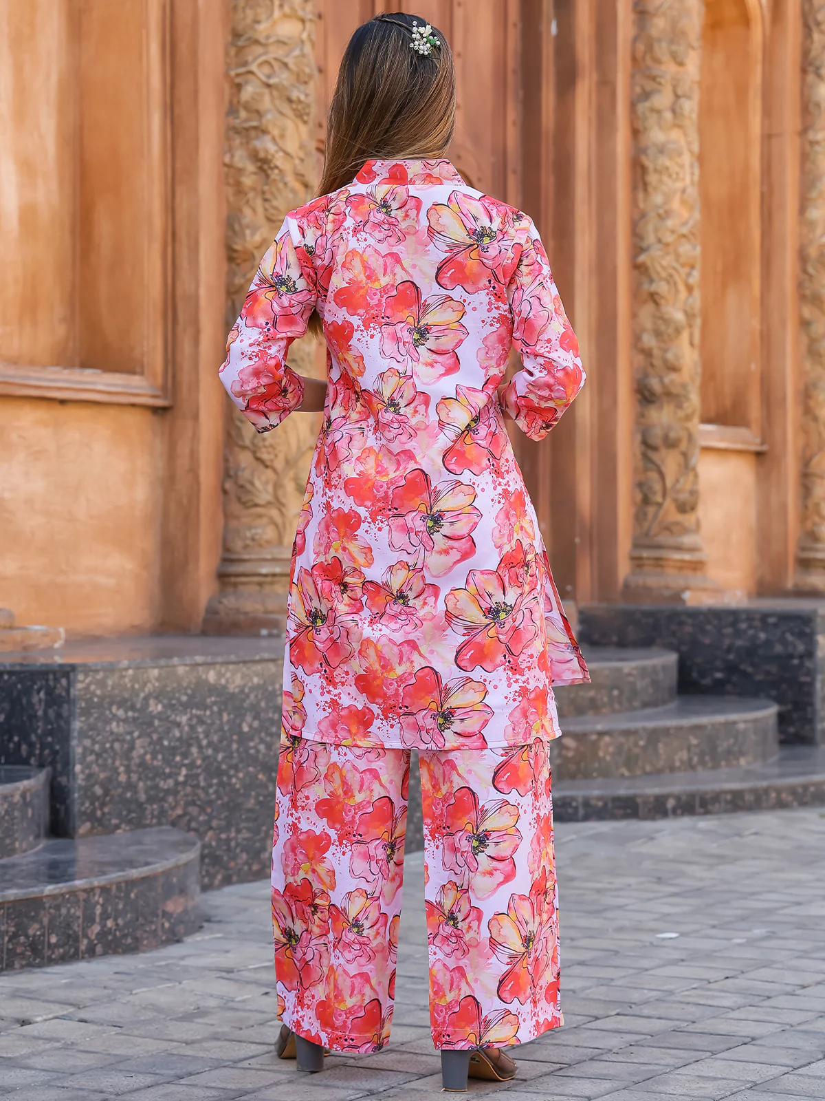Odette Red and White Cotton Printed Co Ord Set for Women - Image 3