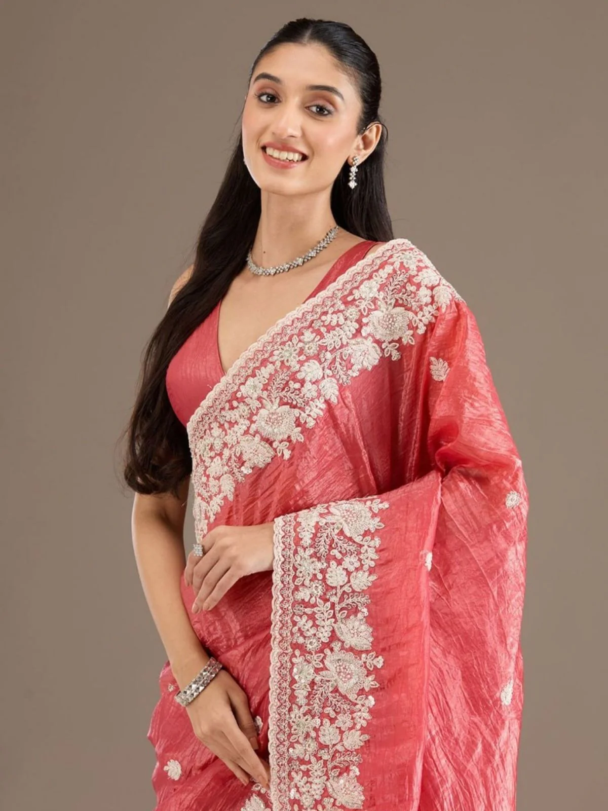 Odette Peach Crush Embellished Saree For Women - Image 3