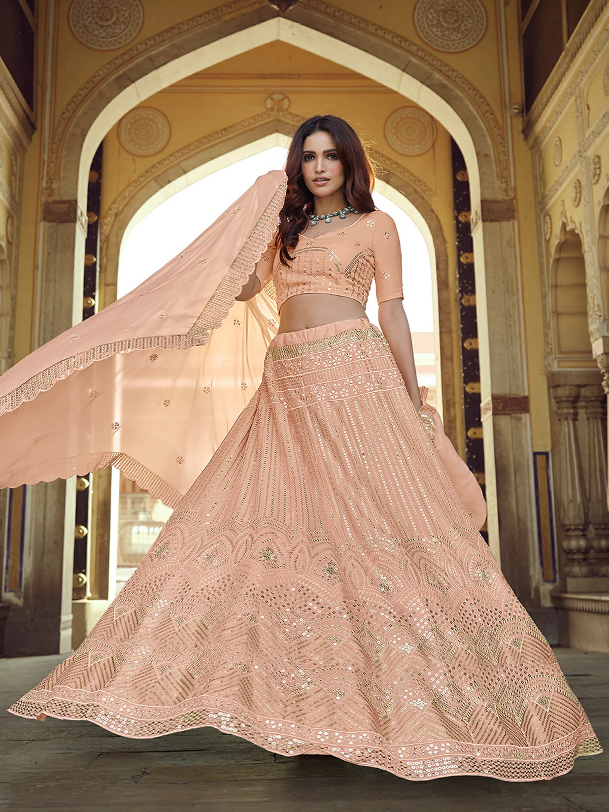 Odette Peach Embellished Georgette Semi Stitched Lehenga With Blouse For Women - Image 2