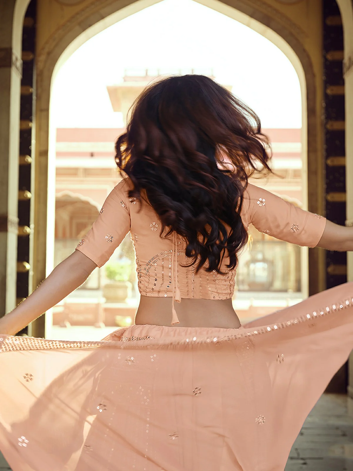 Odette Peach Embellished Georgette Semi Stitched Lehenga With Blouse For Women - Image 4