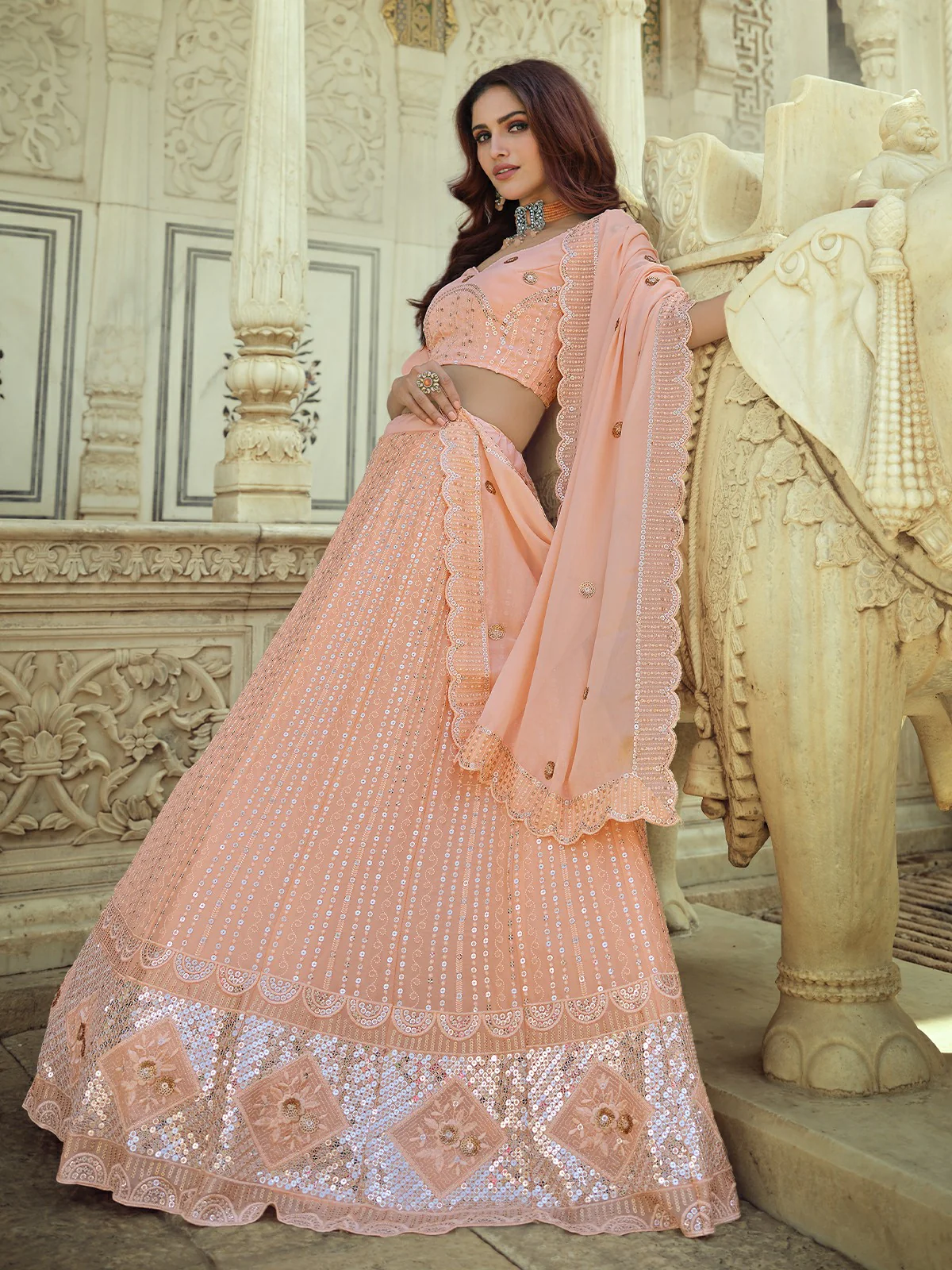 Odette Peach Embellished Georgette Semi Stitched Lehenga With Blouse For Women - Image 2
