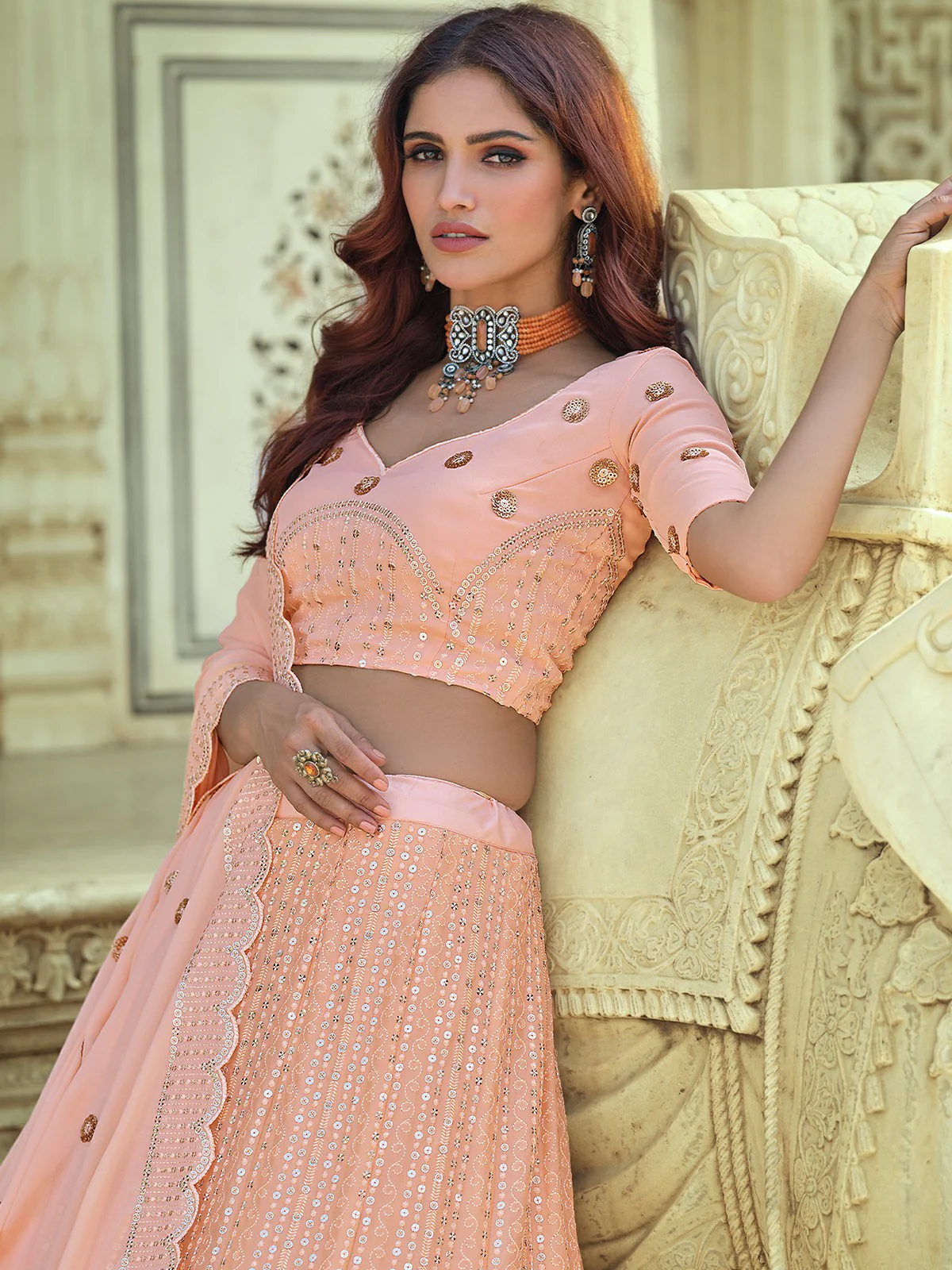 Odette Peach Embellished Georgette Semi Stitched Lehenga With Blouse For Women - Image 3