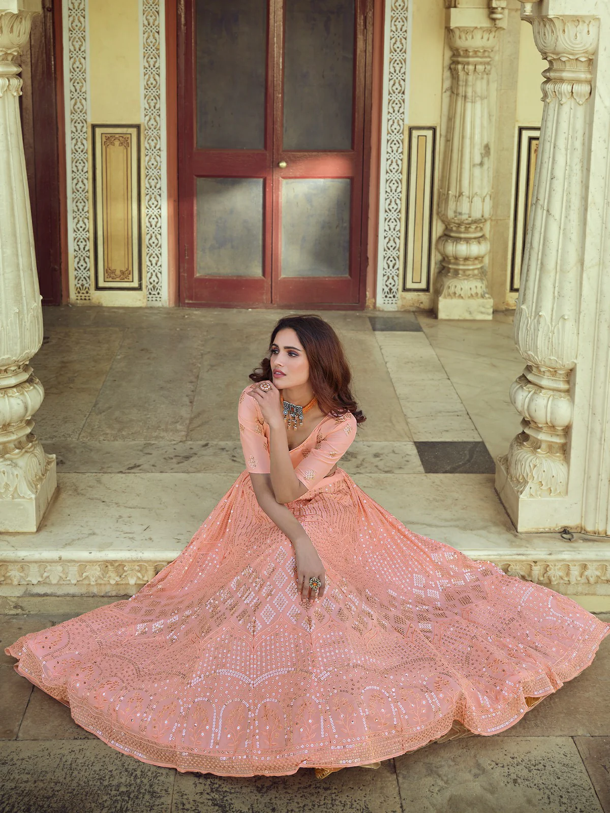 Odette Peach Embellished Georgette Semi Stitched Lehenga With Blouse For Women - Image 2