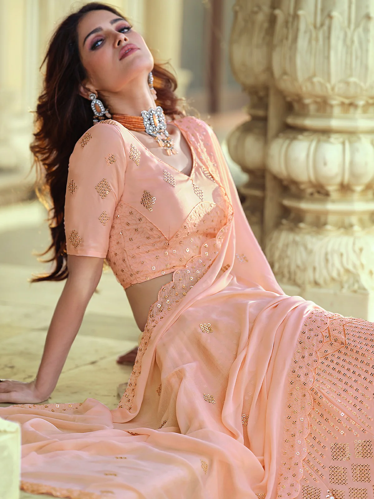 Odette Peach Embellished Georgette Semi Stitched Lehenga With Blouse For Women - Image 4