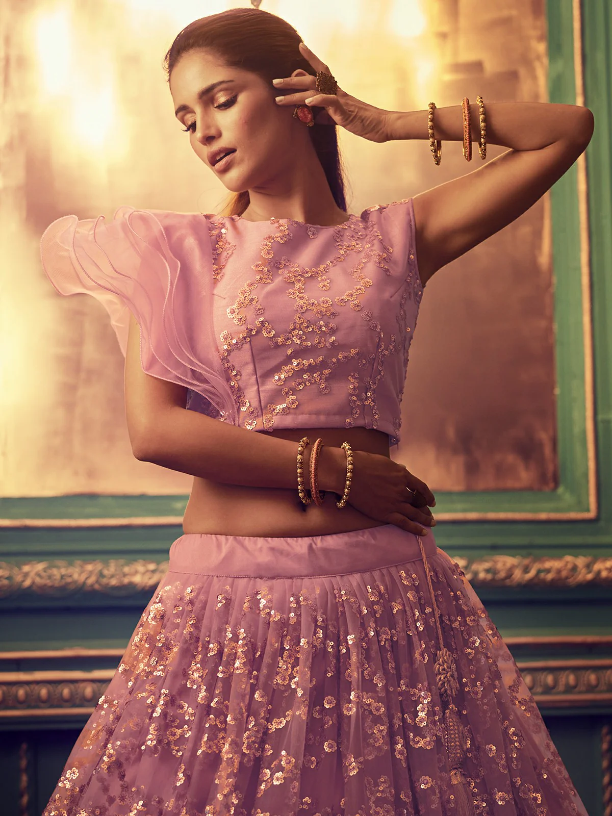 Odette Peach Embellished Soft Net Semi Stitched Lehenga With Blouse For Women - Image 2