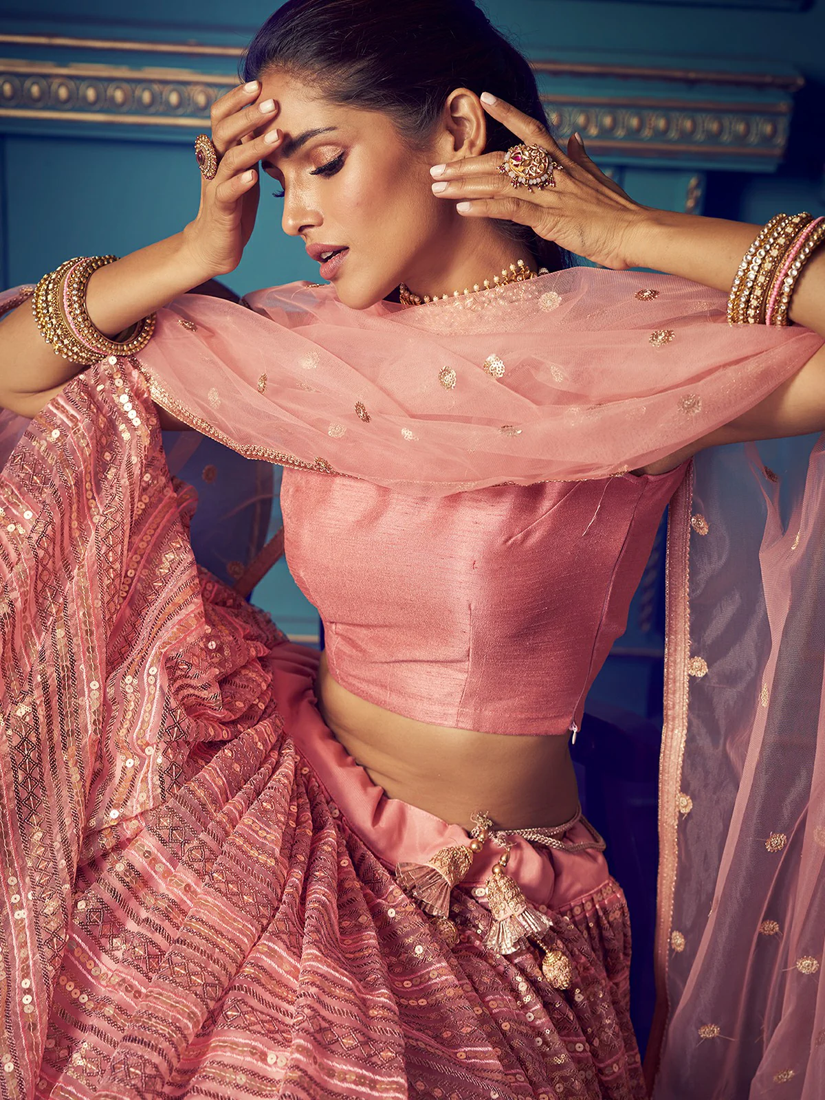 Odette Peach Embellished Soft Net Semi Stitched Lehenga With Blouse For Women - Image 3