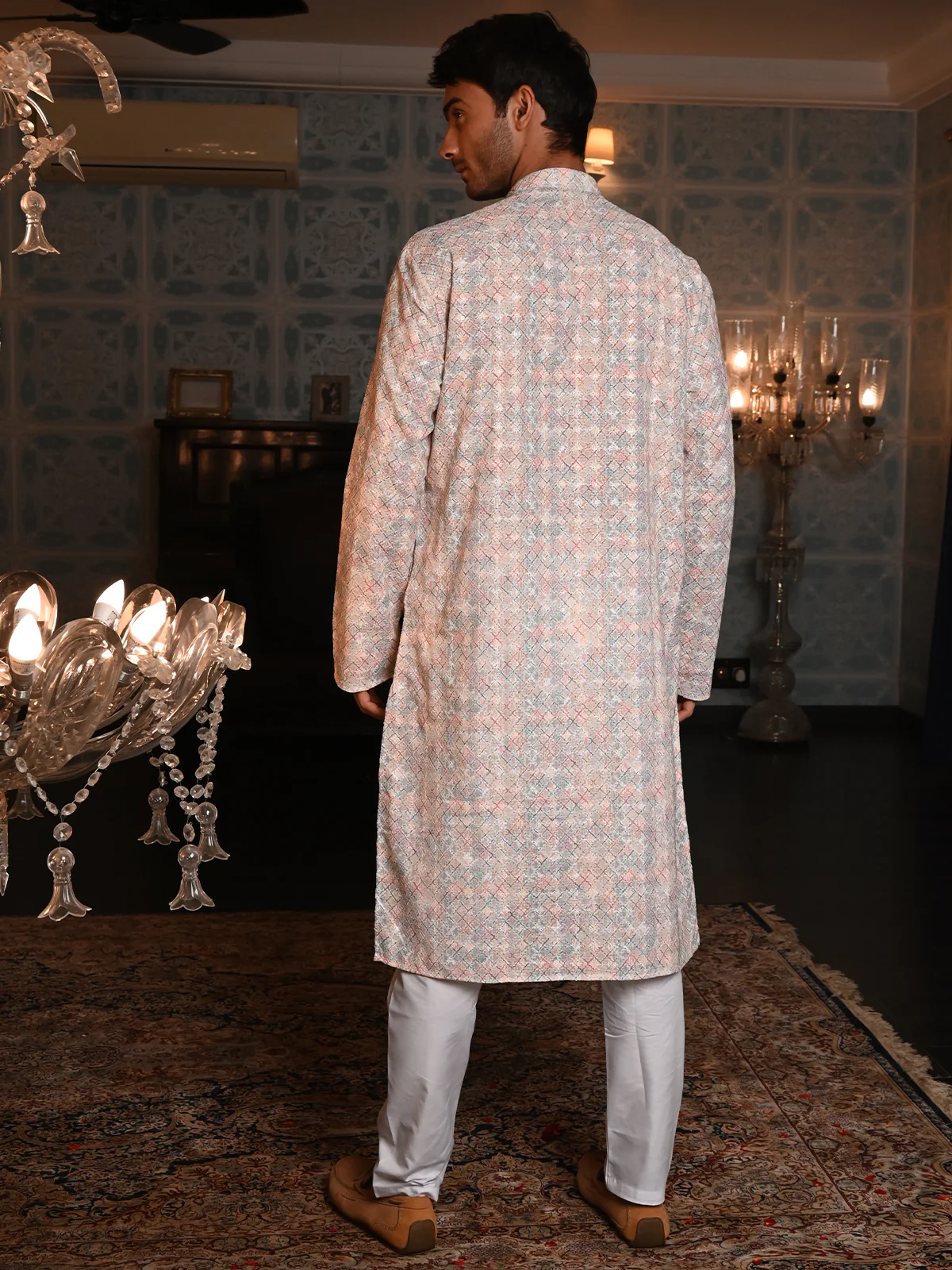 Odette Peach Embroidered Cotton Traditional Kurta Set For Men - Image 4