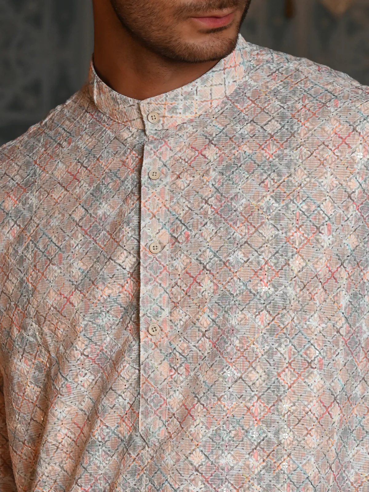 Odette Peach Embroidered Cotton Traditional Kurta Set For Men - Image 5