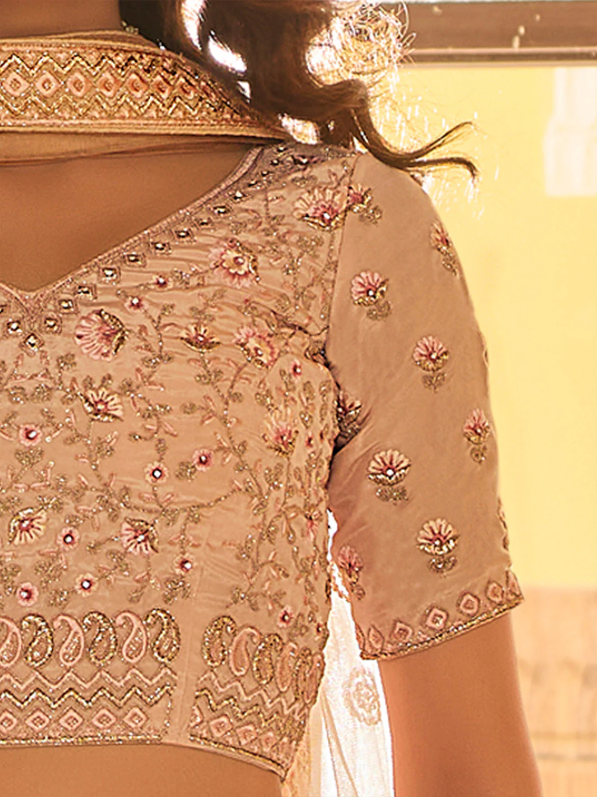 Odette Peach Embroidered Crepe Semi Stitched Lehenga With Blouse For Women - Image 5