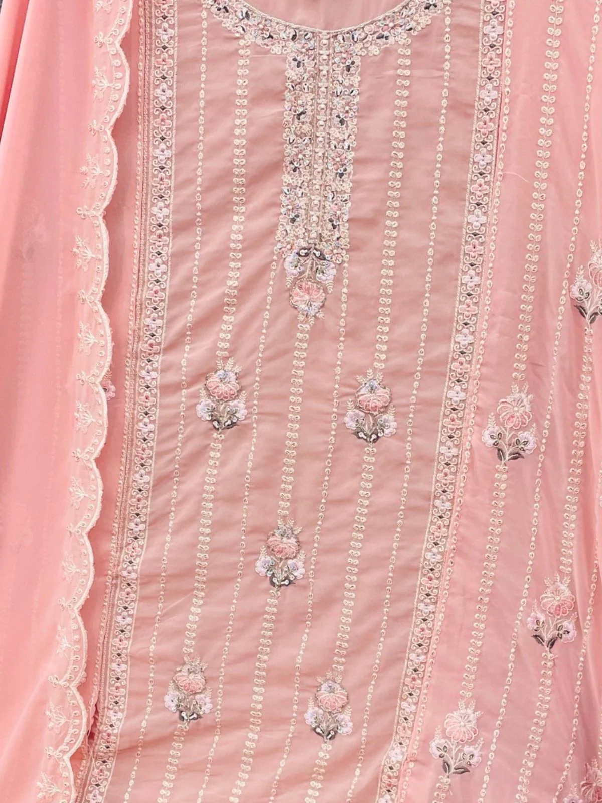 Odette Peach Embroidered Georgette Semi Stitched Kurta Set With Dupatta For Women - Image 3