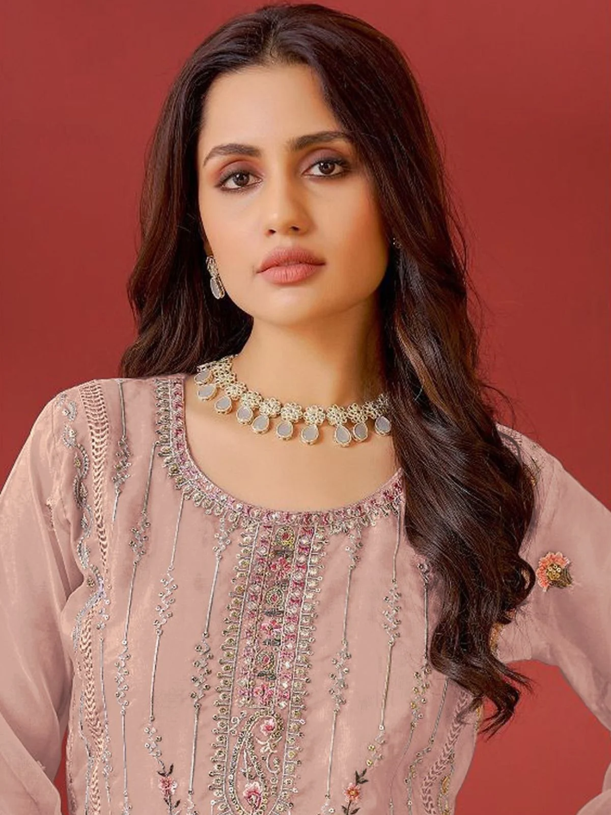 Odette Peach Embroidered Georgette Semi Stitched Kurta Set with Dupatta For Women - Image 2