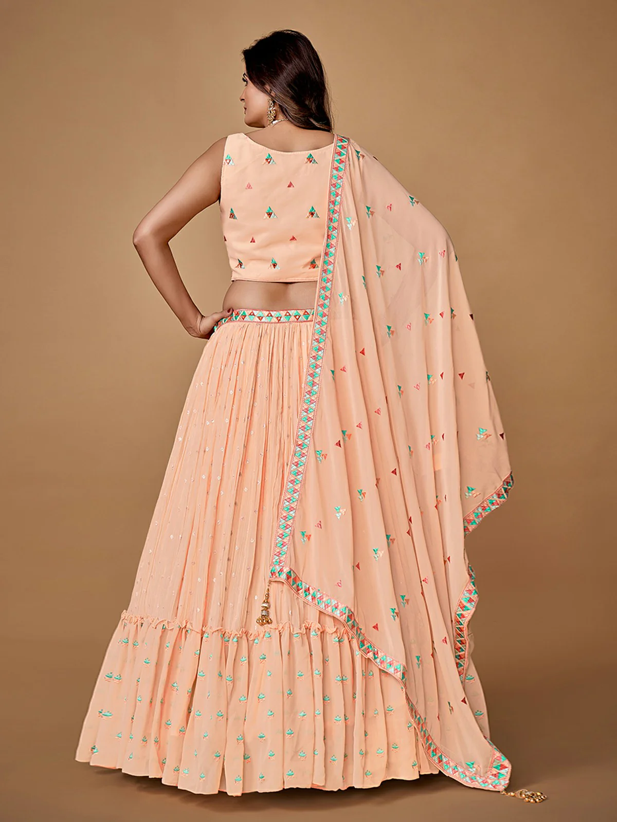 Odette Peach Embroidered Georgette Stitched Lehenga With Blouse For Women - Image 4