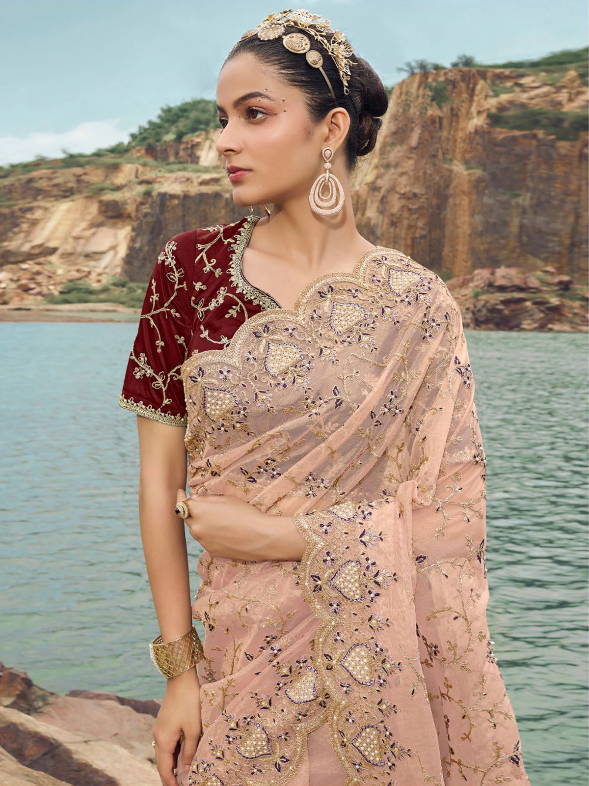 Odette Peach Embroidered Net Saree With Unstitched Blouse For Women - Image 2