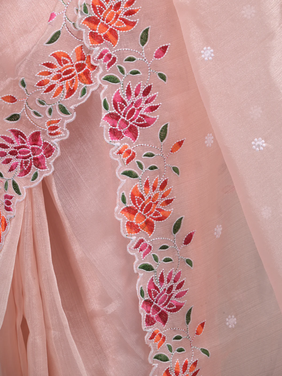 Odette Peach Embroidered Organza Saree With Unstitched Blouse For Women - Image 5