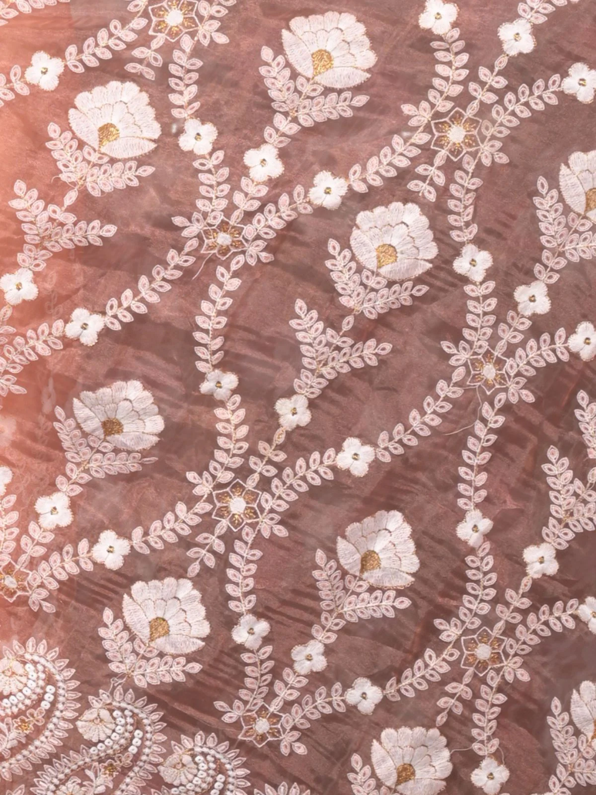 Odette Peach Embroidered Organza Saree Without Blouse for Women - Image 5
