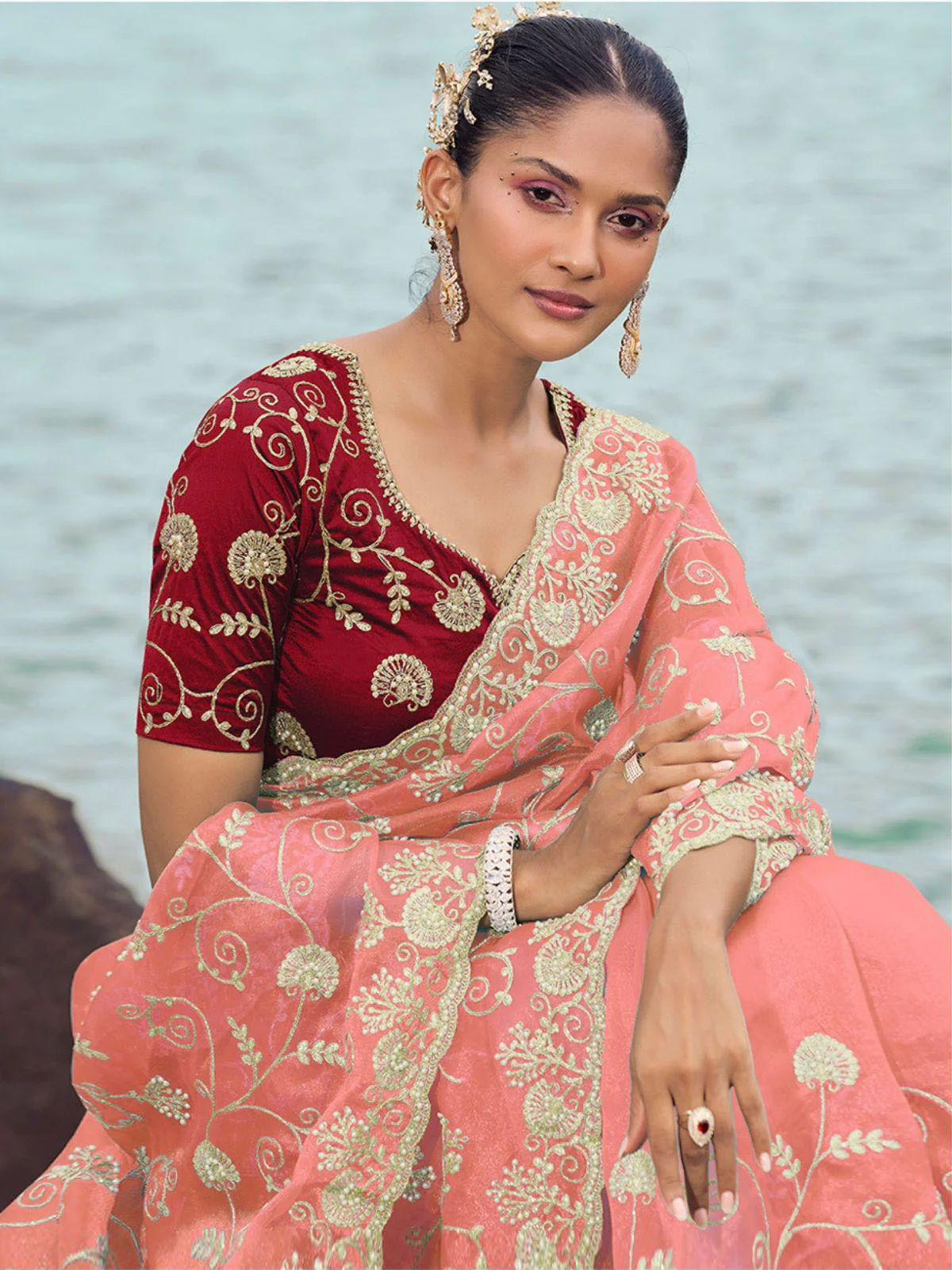 Odette Peach Embroidered Organza Saree With Unstitched Blouse For Women - Image 2
