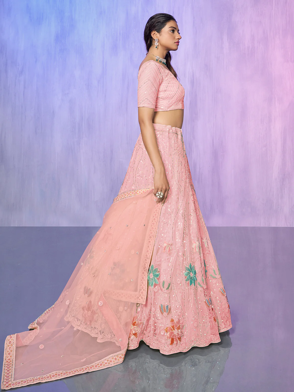 Odette Peach Embroidered Net Semi Stitched Lehenga With Unstitched Blouse  For Women - Image 3