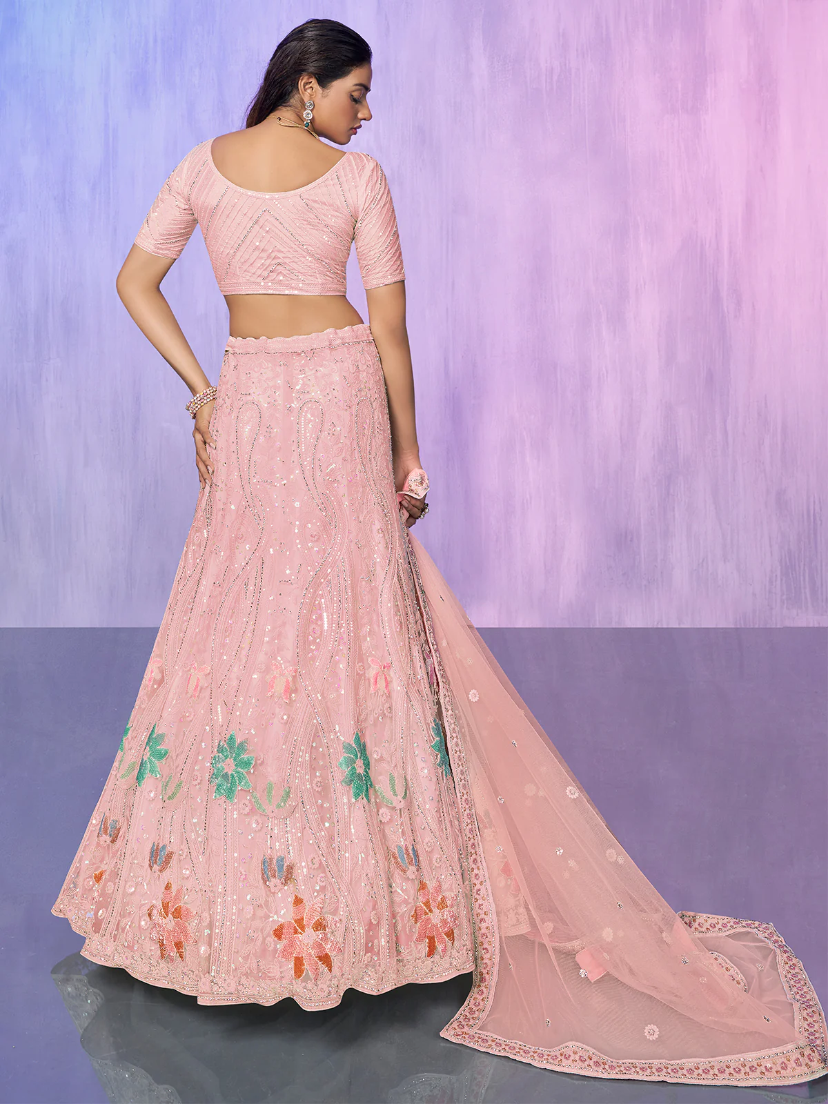 Odette Peach Embroidered Net Semi Stitched Lehenga With Unstitched Blouse  For Women - Image 4