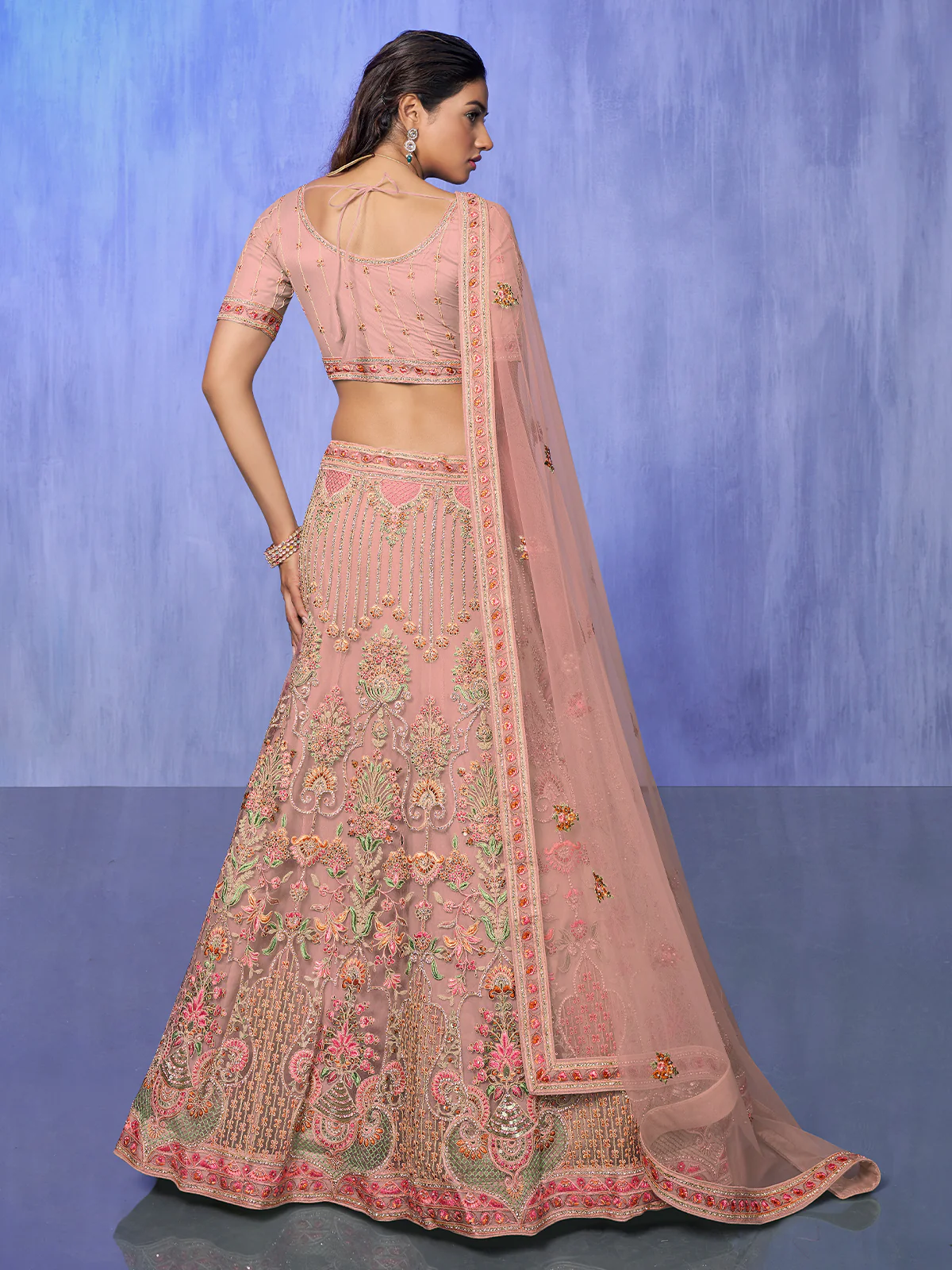 Odette Peach Embroidered Net Semi Stitched Lehenga With Unstitched Blouse  For Women - Image 4