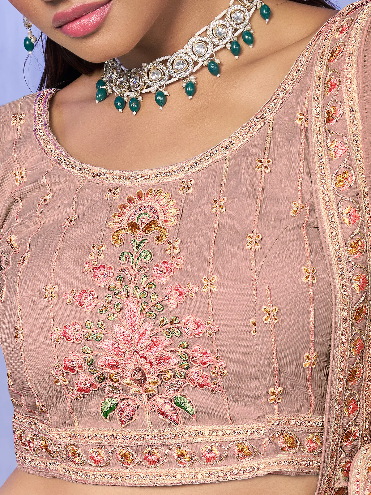 Odette Peach Embroidered Net Semi Stitched Lehenga With Unstitched Blouse  For Women - Image 5