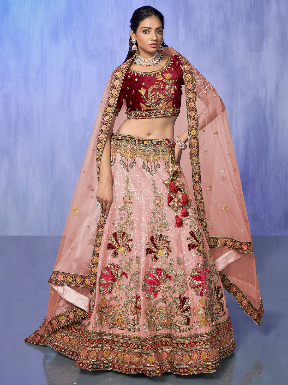 Odette Peach Embroidered Velvet Semi Stitched Lehenga With Unstitched Blouse For Women - Image 2