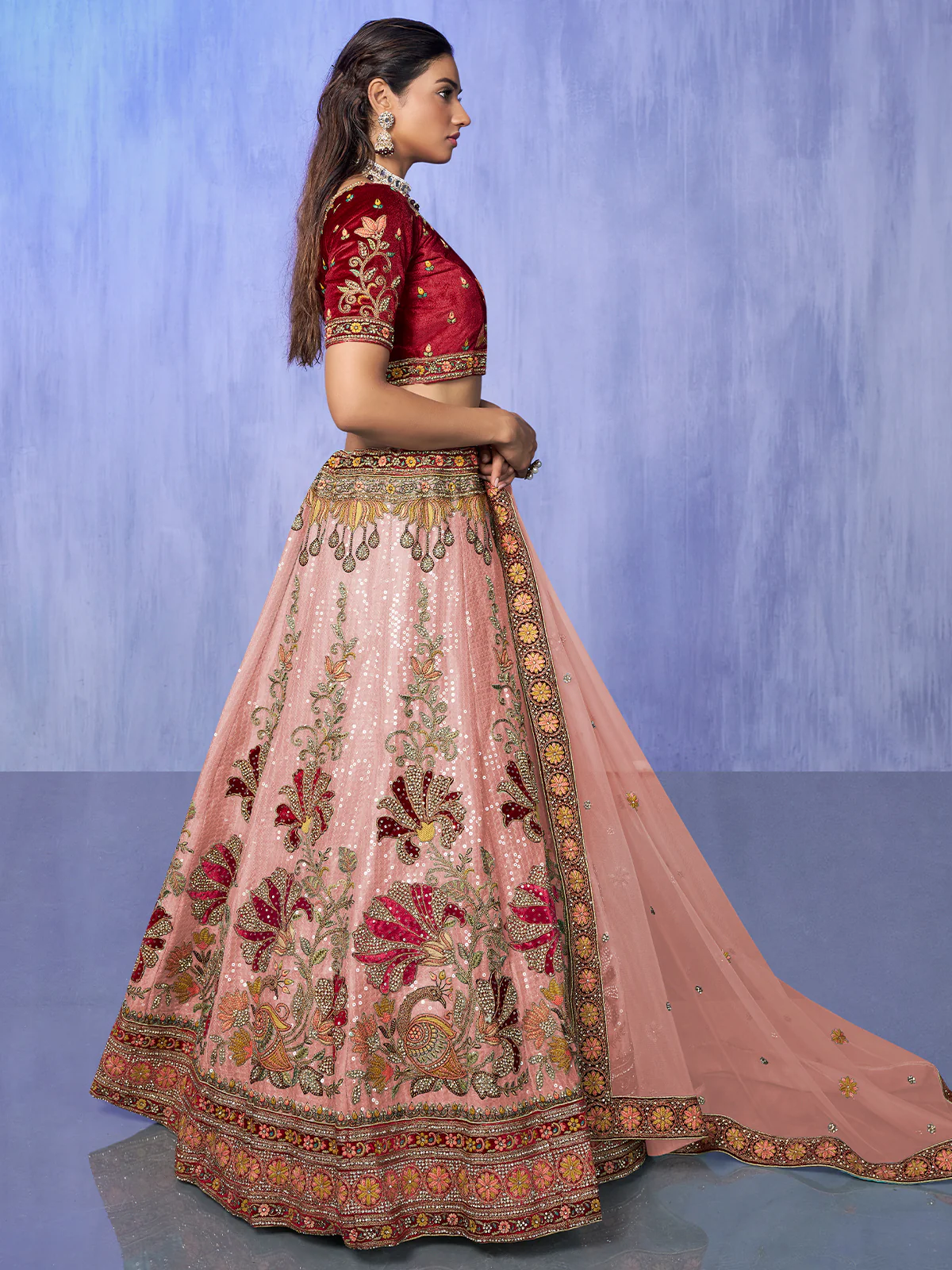 Odette Peach Embroidered Velvet Semi Stitched Lehenga With Unstitched Blouse For Women - Image 3