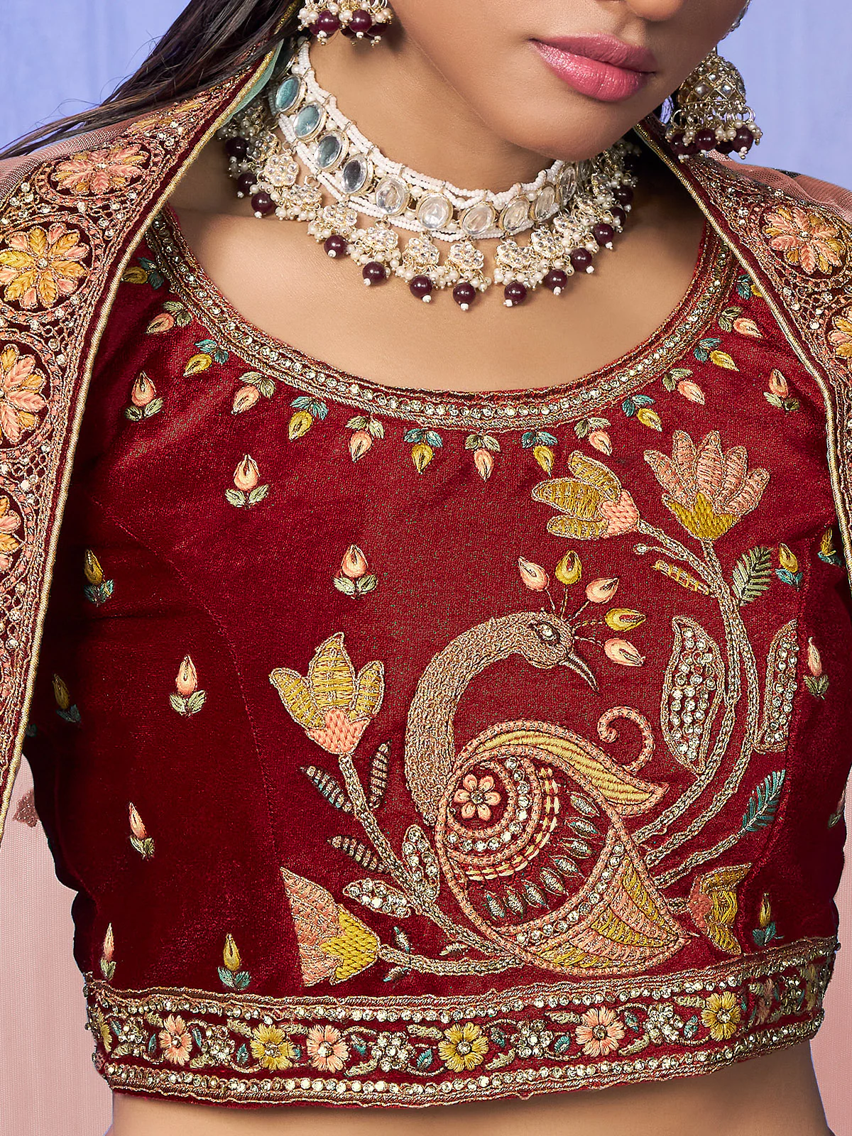 Odette Peach Embroidered Velvet Semi Stitched Lehenga With Unstitched Blouse For Women - Image 5