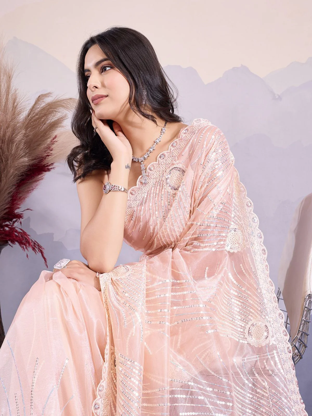 Odette Peach Organza Embroidered Saree For Women - Image 3