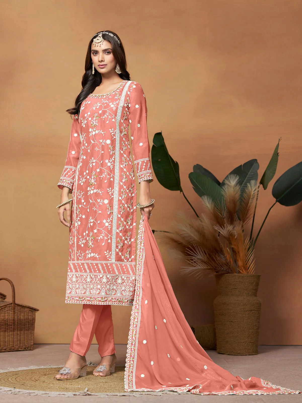 Odette Peach Embroidered Semi Stitched Kurta Set  For Women - Image 2