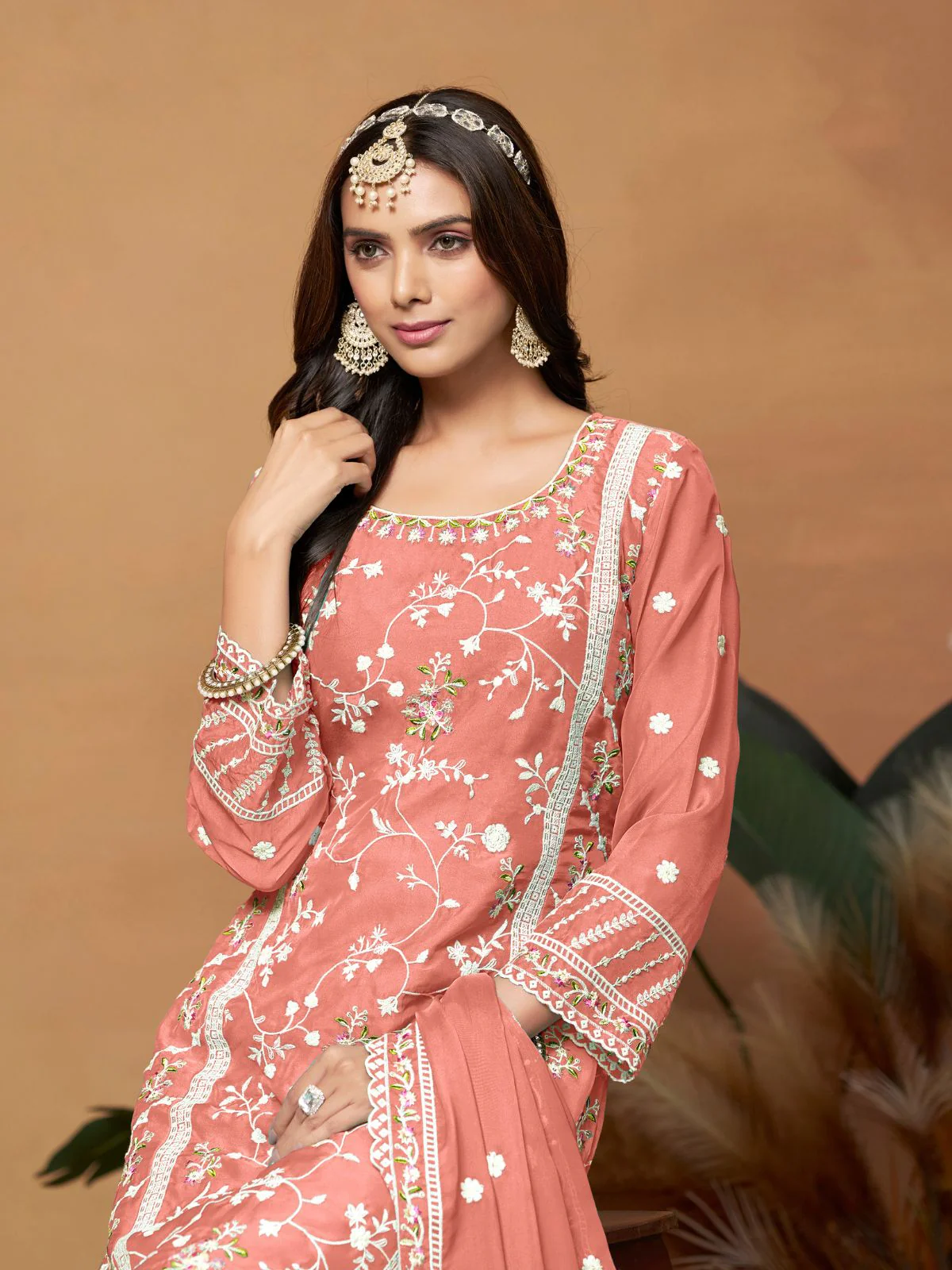 Odette Peach Embroidered Semi Stitched Kurta Set  For Women - Image 3