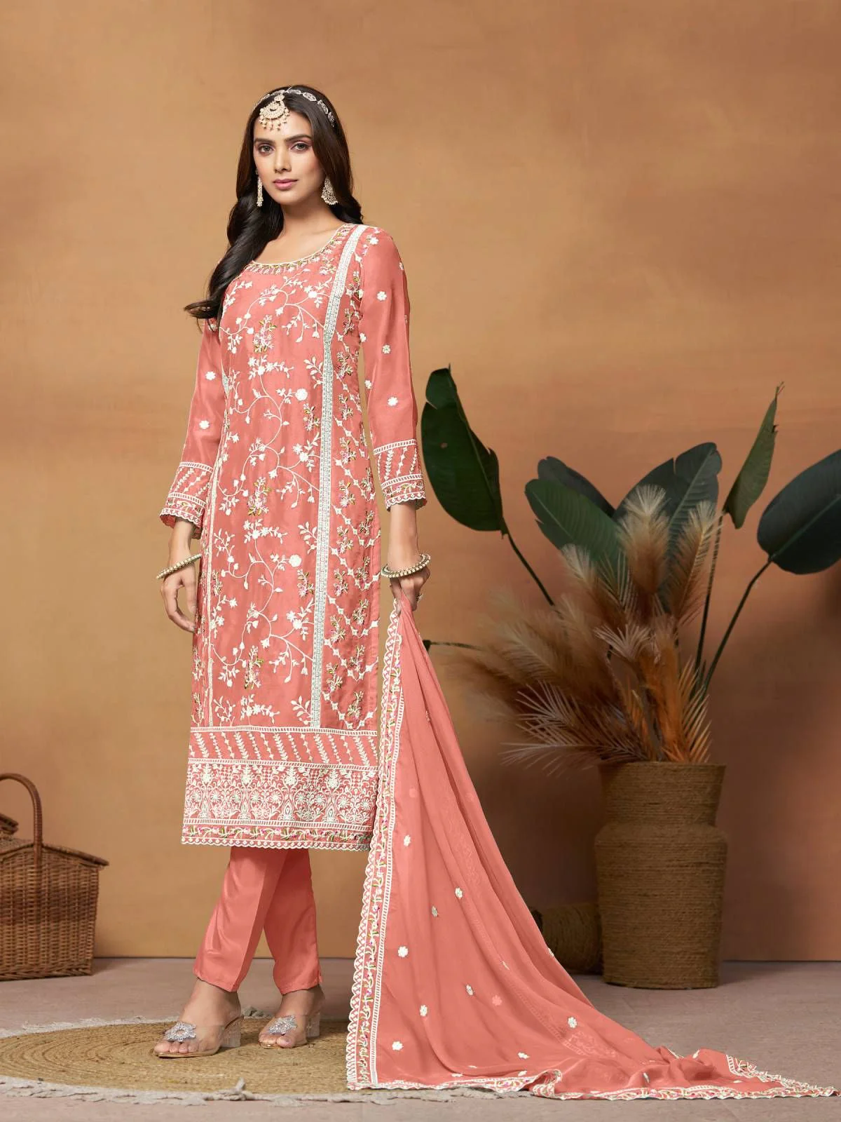 Odette Peach Embroidered Soft Organza Unstitched Kurta Set For Women - Image 2