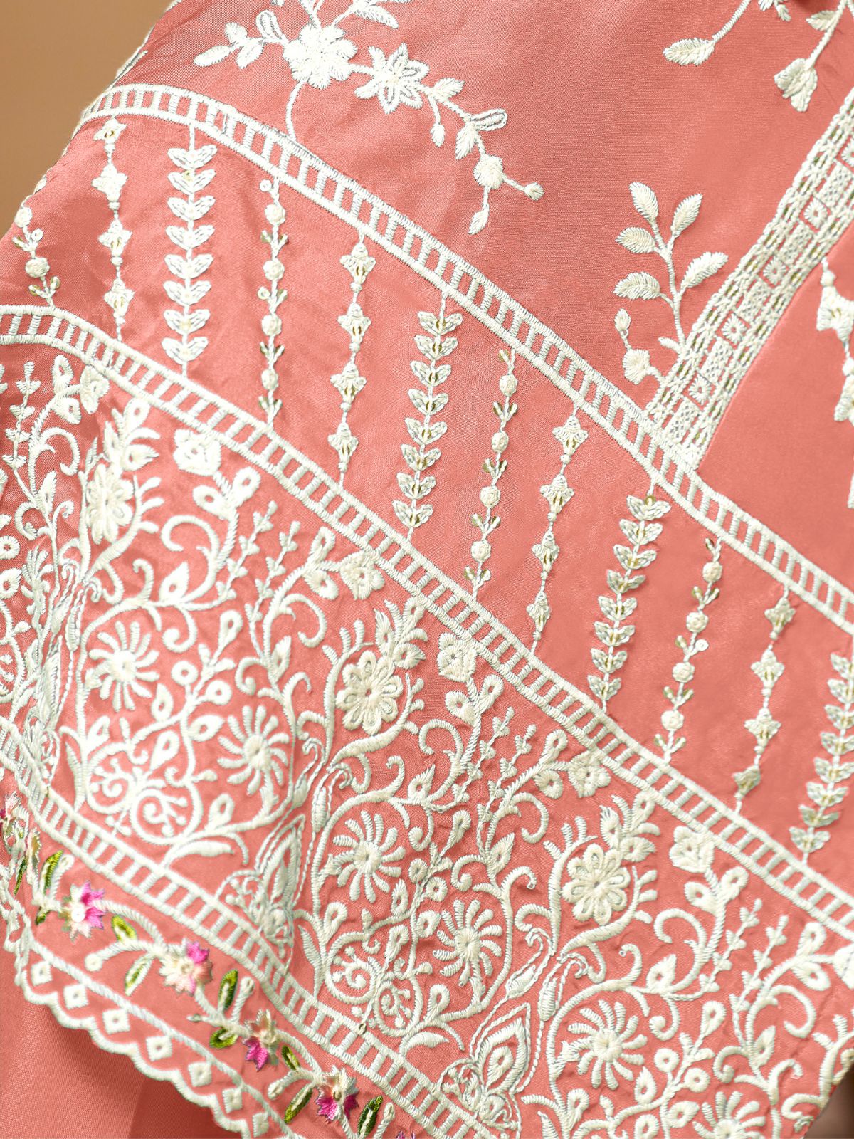 Odette Peach Embroidered Soft Organza Unstitched Kurta Set For Women - Image 4