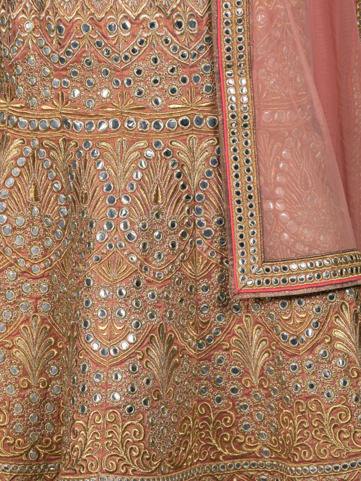 Odette Peach Embroidered Stitched Silk Blend Lehenga With Stitched Blouse For Women - Image 5