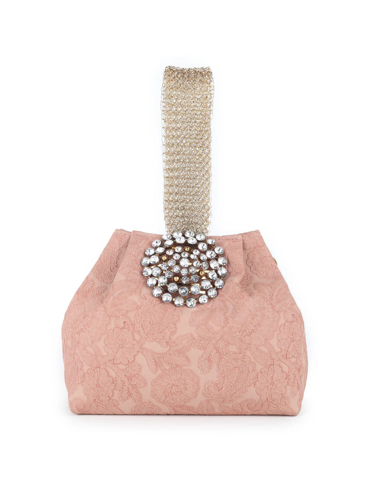 Odette Peach Faux Stone Embellished and Textured Batua for Women - Image 3