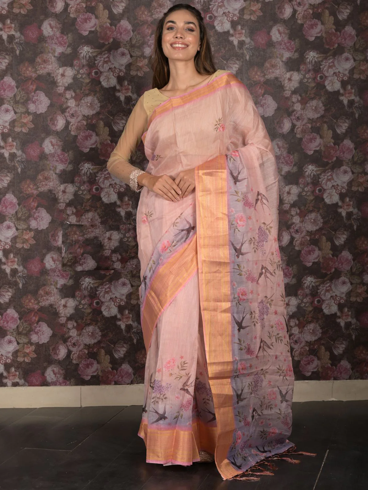 Odette Peach Floral Printed Cotton Blend Saree with Unstitched Blouse for Women - Image 2