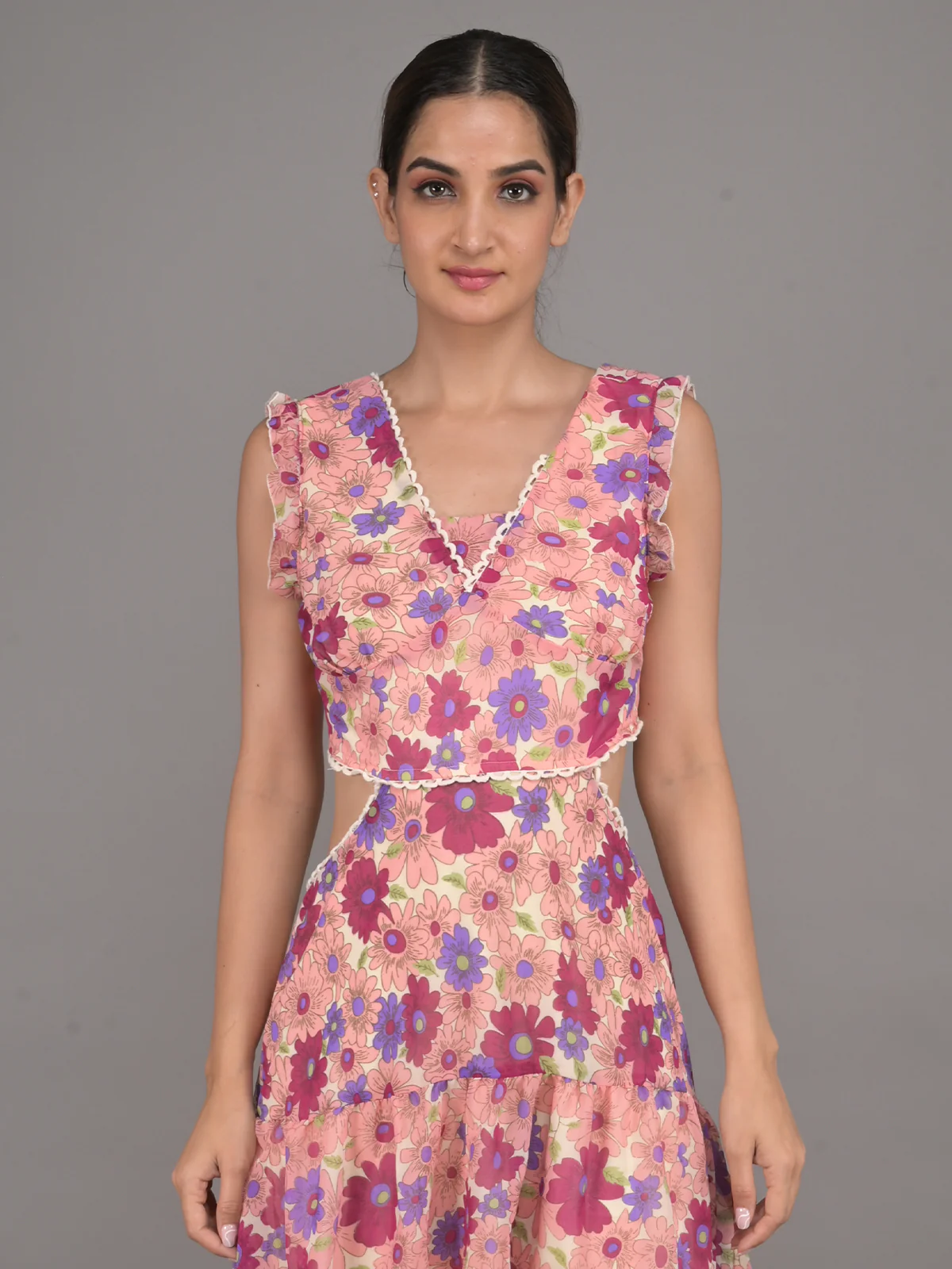 Odette Peach Floral Printed Cut-Out Tiered Fit & Flare Stitched Dress for Women - Image 4